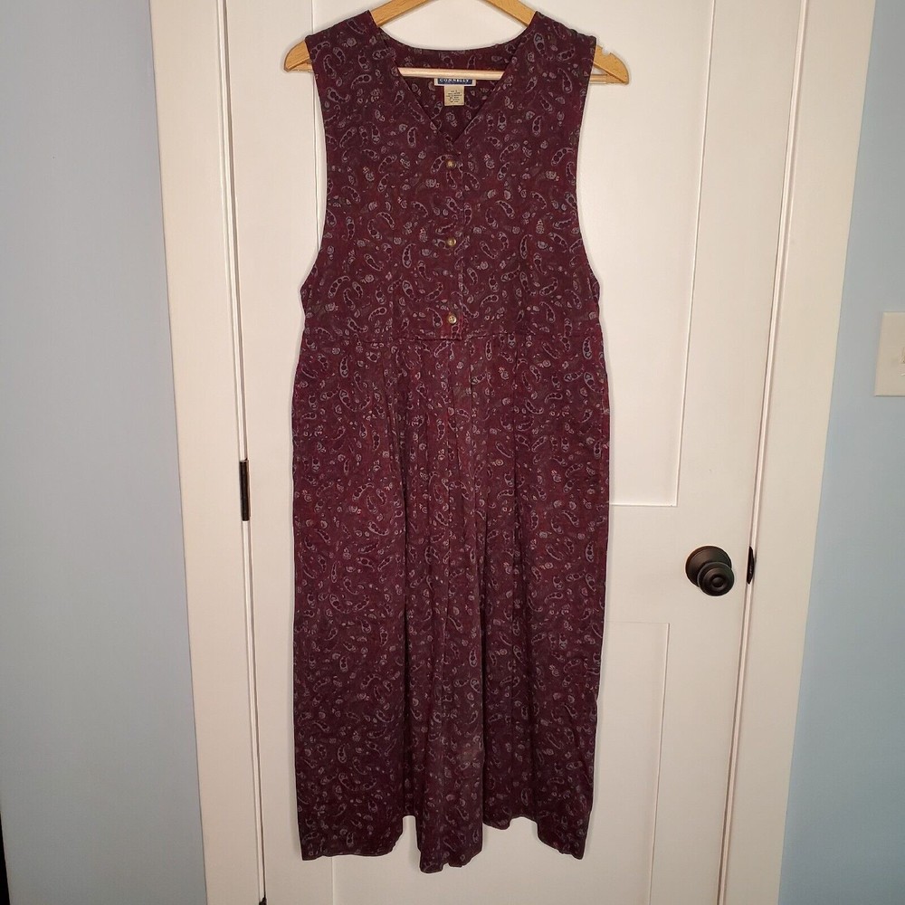 Vintage Women's Bryn Connelly Red Paisley Print Jumper Dress W/ Pockets Size 6